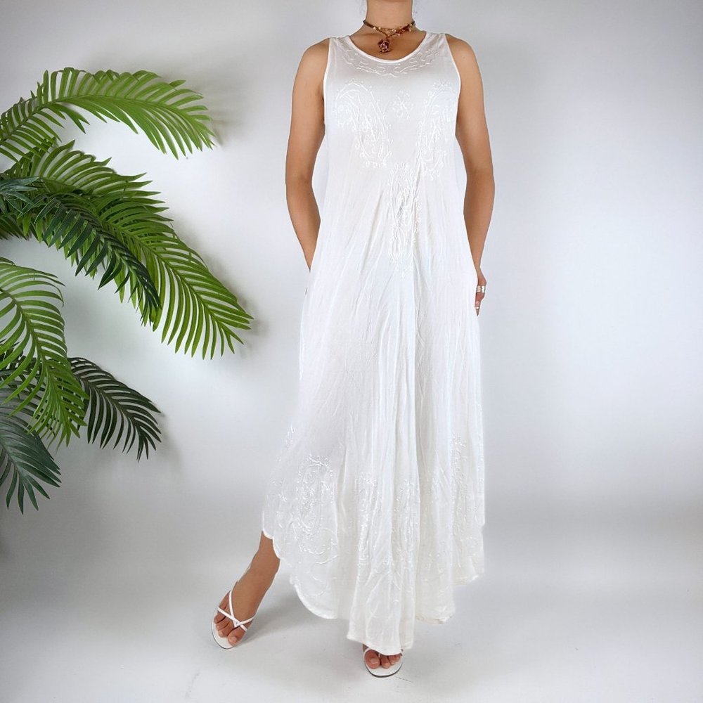 Vintage Y2K White Floral Boho Flowy Sleeveless Maxi Hippie Dress / Size: One - Picture 5 of 9